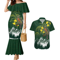 Kea Bird Kowhai New Zealand Couples Matching Mermaid Dress and Hawaiian Shirt Mountain Landscape Maori Art