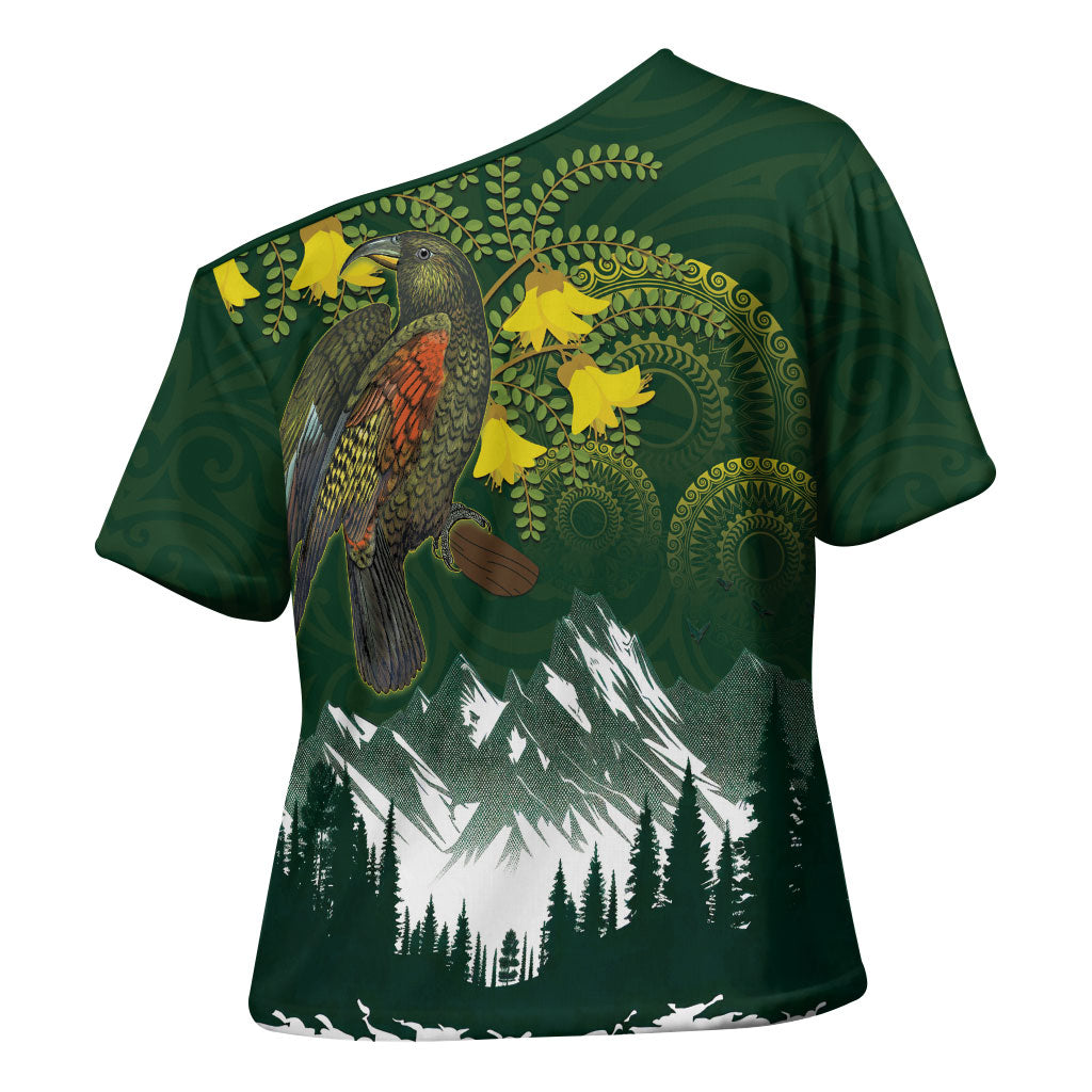 Kea Bird Kowhai New Zealand Cross Shoulder Shirt Mountain Landscape Maori Art