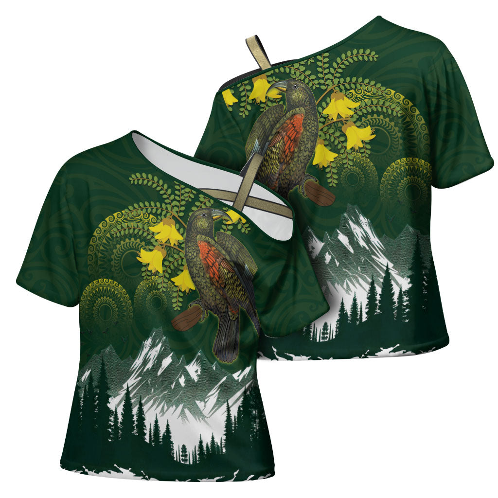 Kea Bird Kowhai New Zealand Cross Shoulder Shirt Mountain Landscape Maori Art