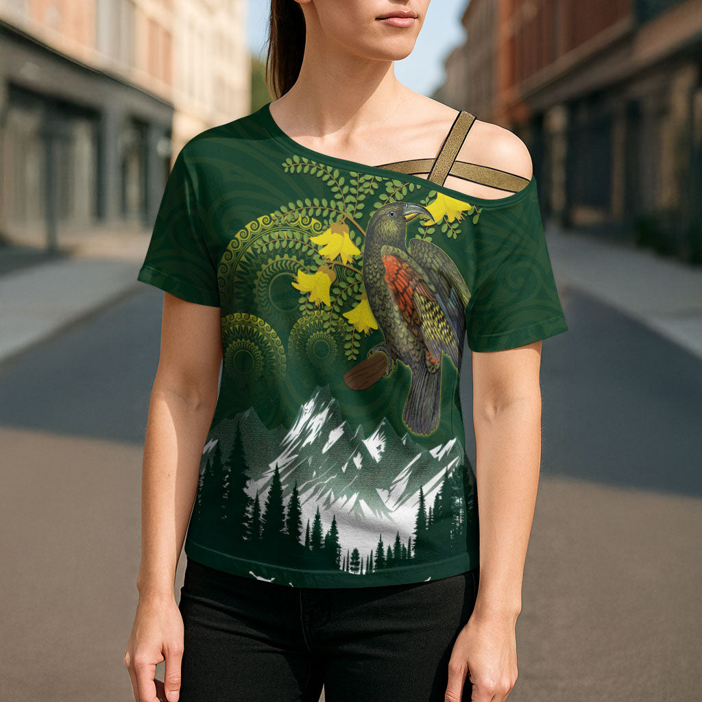 Kea Bird Kowhai New Zealand Cross Shoulder Shirt Mountain Landscape Maori Art