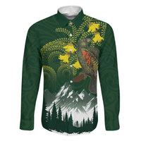 Kea Bird Kowhai New Zealand Family Matching Long Sleeve Bodycon Dress and Hawaiian Shirt Mountain Landscape Maori Art LT22 Dad's Shirt - Long Sleeve Green - Polynesian Pride