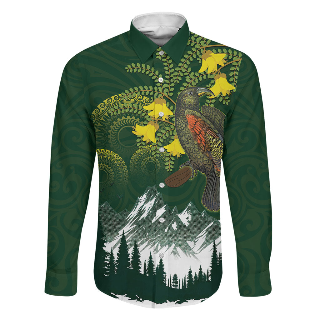 Kea Bird Kowhai New Zealand Family Matching Short Sleeve Bodycon Dress and Hawaiian Shirt Mountain Landscape Maori Art LT22 Dad's Shirt - Long Sleeve Green - Polynesian Pride