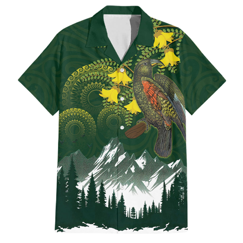 Kea Bird Kowhai New Zealand Family Matching Summer Maxi Dress and Hawaiian Shirt Mountain Landscape Maori Art LT22 Dad's Shirt - Short Sleeve Green - Polynesian Pride