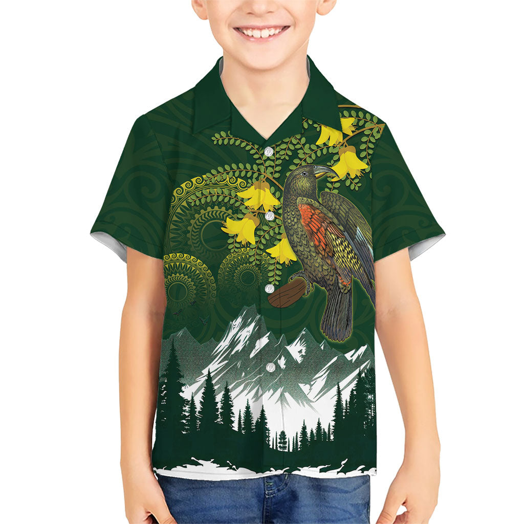 Kea Bird Kowhai New Zealand Kid Hawaiian Shirt Mountain Landscape Maori Art