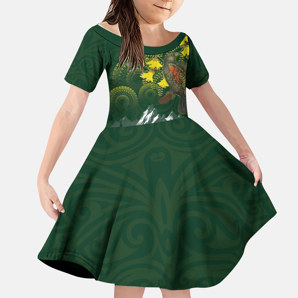 Kea Bird Kowhai New Zealand Kid Short Sleeve Dress Mountain Landscape Maori Art