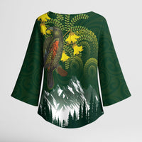 Kea Bird Kowhai New Zealand Kimono Sleeve Blouse Mountain Landscape Maori Art