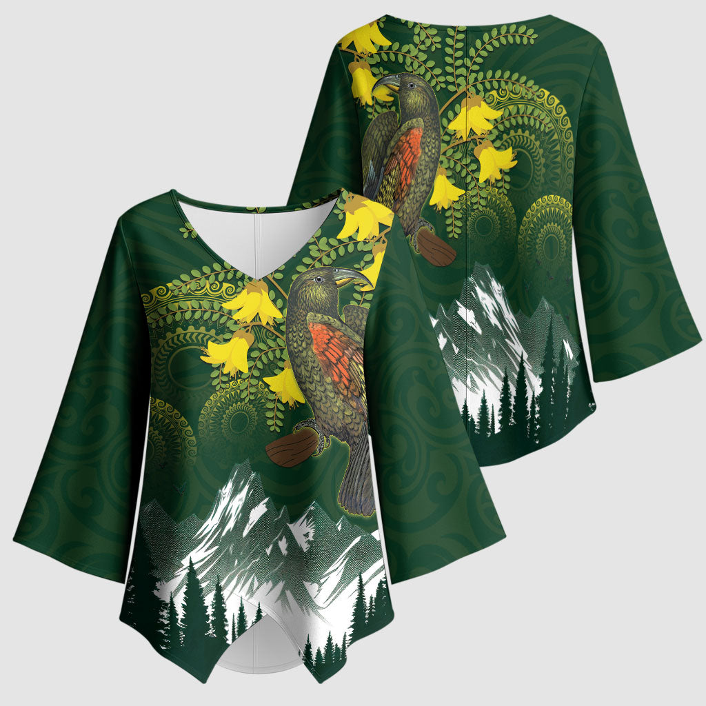 Kea Bird Kowhai New Zealand Kimono Sleeve Blouse Mountain Landscape Maori Art