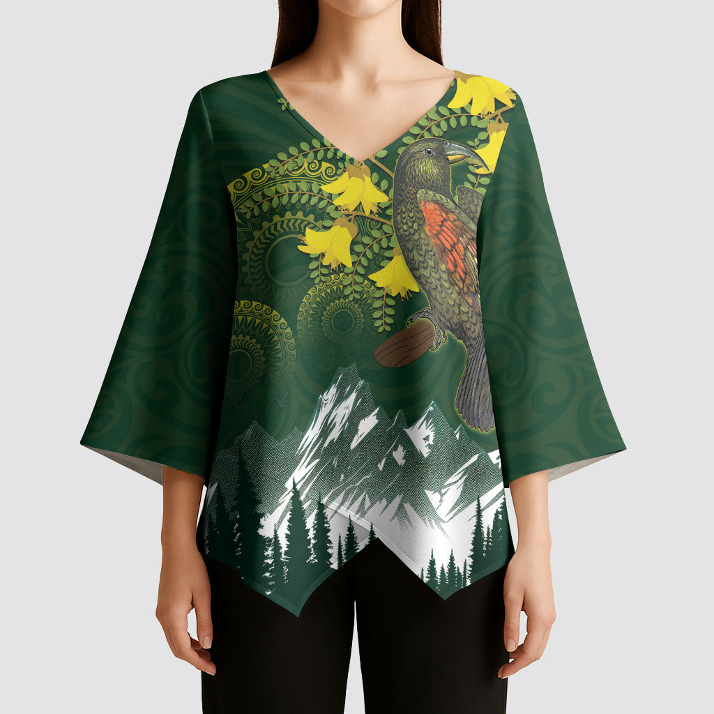 Kea Bird Kowhai New Zealand Kimono Sleeve Blouse Mountain Landscape Maori Art