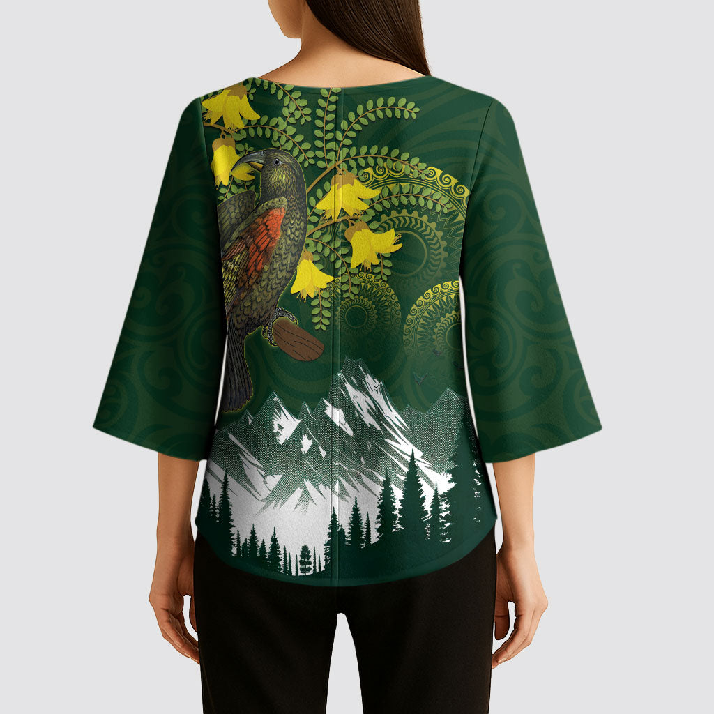 Kea Bird Kowhai New Zealand Kimono Sleeve Blouse Mountain Landscape Maori Art