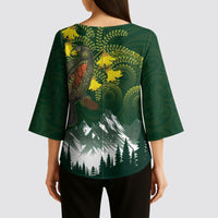 Kea Bird Kowhai New Zealand Kimono Sleeve Blouse Mountain Landscape Maori Art