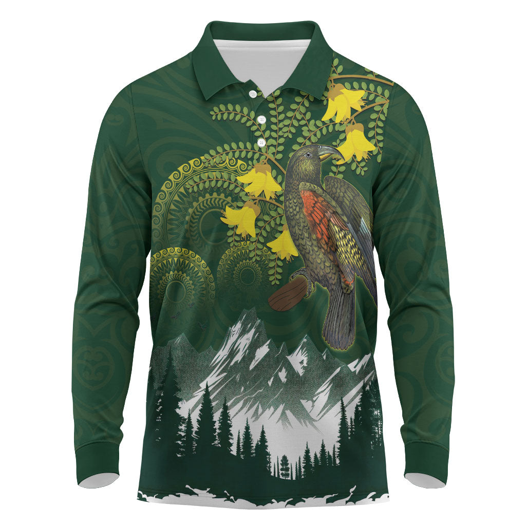 Kea Bird Kowhai New Zealand Long Sleeve Polo Shirt Mountain Landscape Maori Art