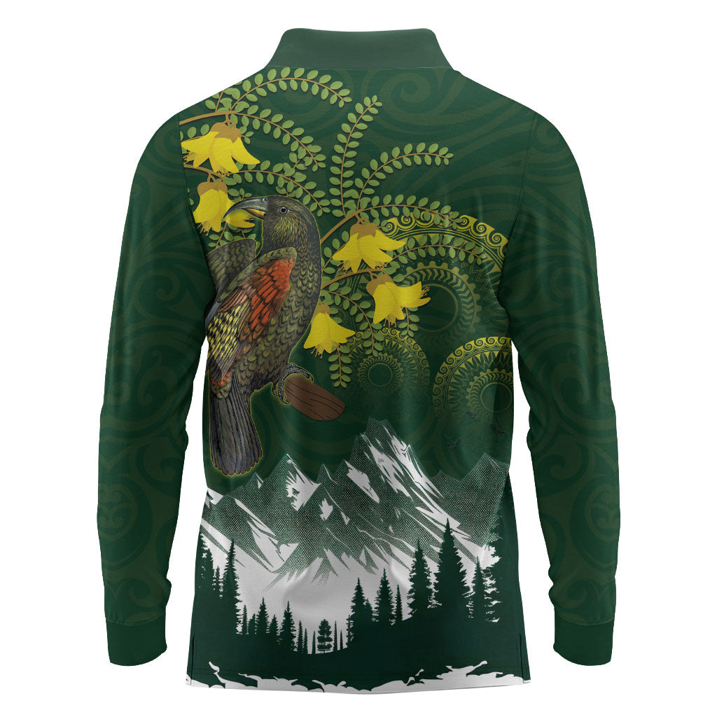Kea Bird Kowhai New Zealand Long Sleeve Polo Shirt Mountain Landscape Maori Art