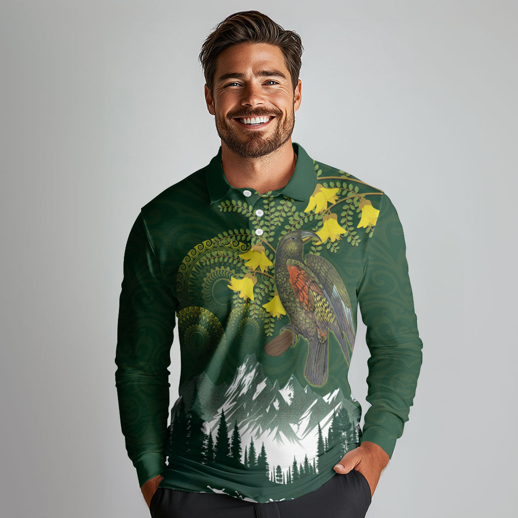 Kea Bird Kowhai New Zealand Long Sleeve Polo Shirt Mountain Landscape Maori Art