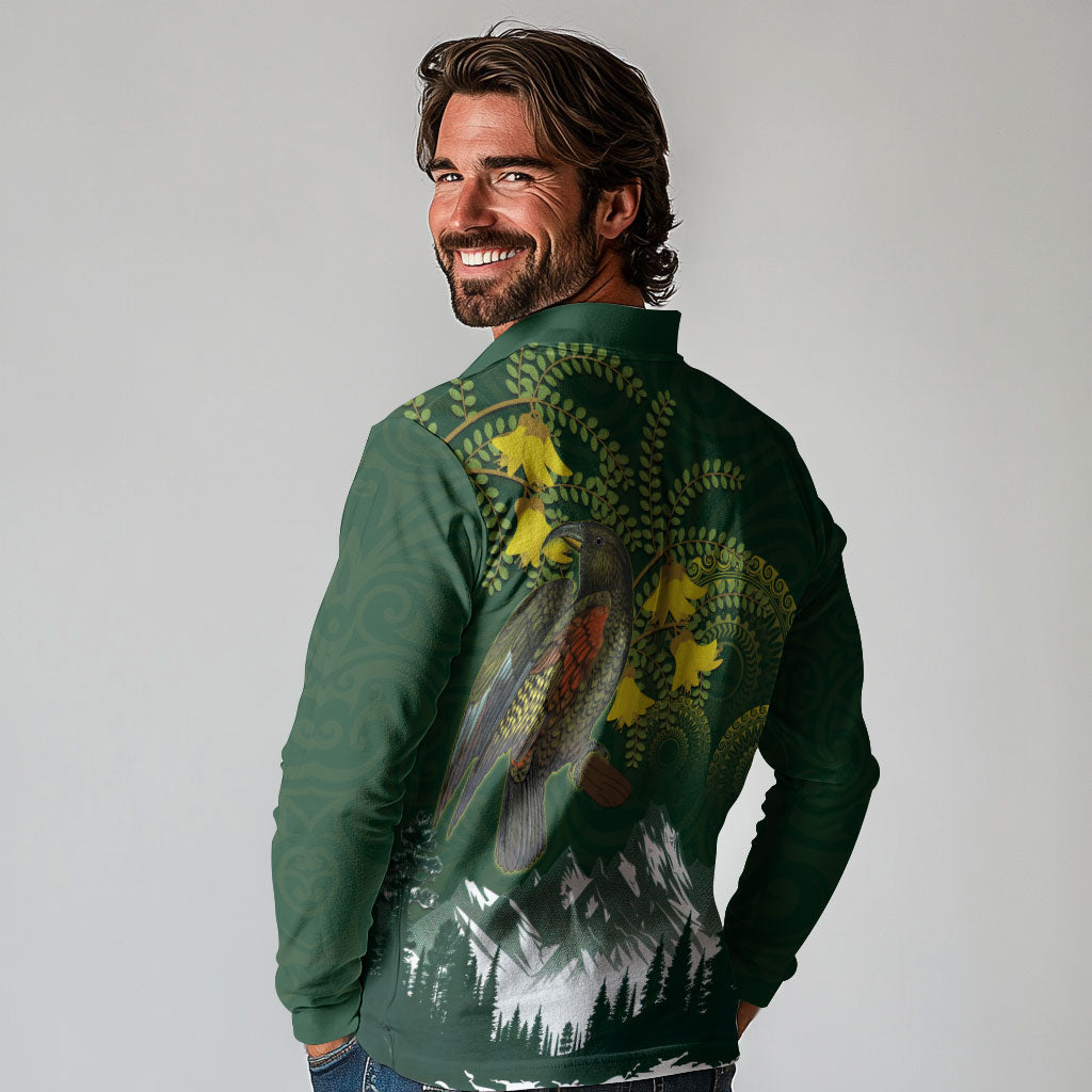 Kea Bird Kowhai New Zealand Long Sleeve Polo Shirt Mountain Landscape Maori Art