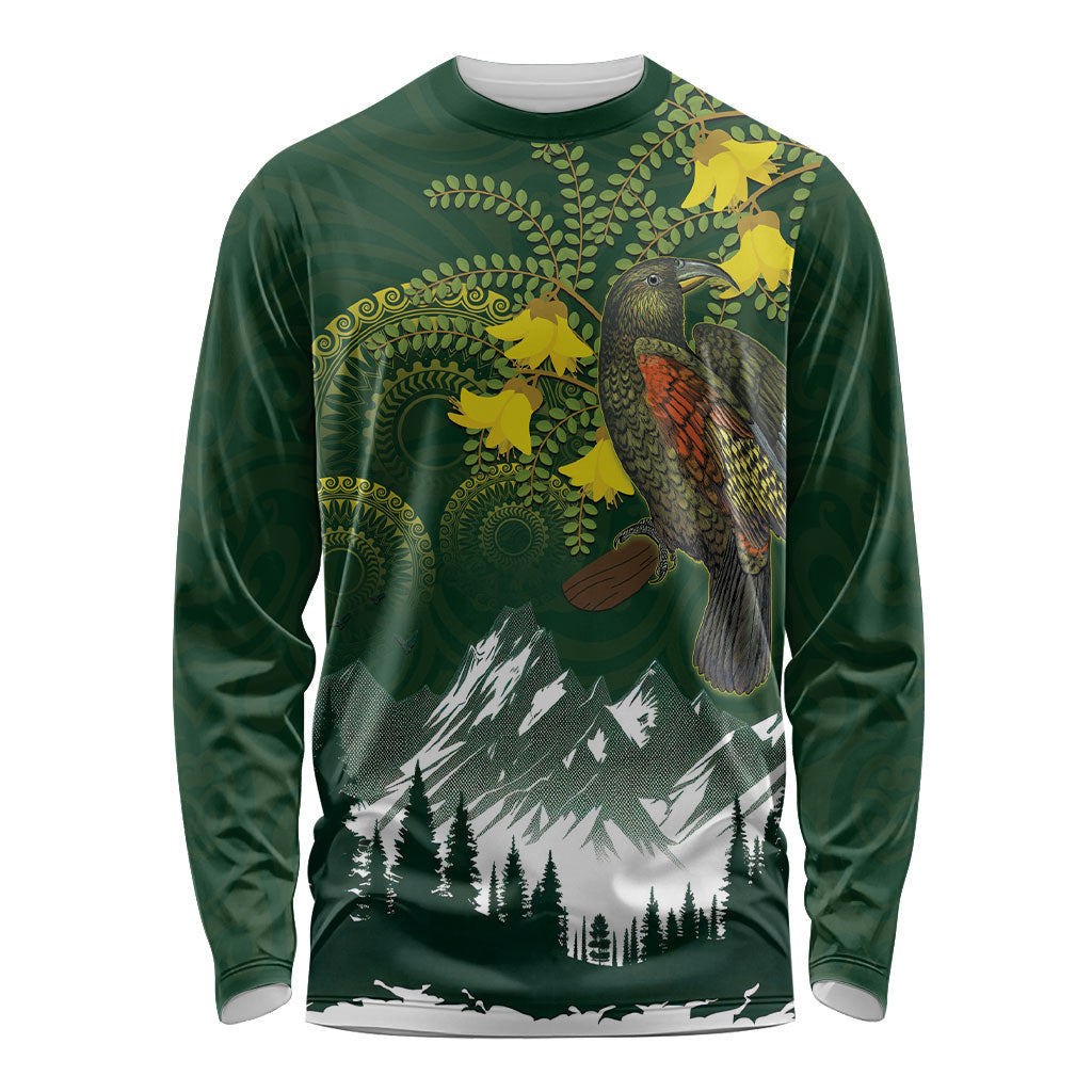Kea Bird Kowhai New Zealand Long Sleeve Shirt Mountain Landscape Maori Art