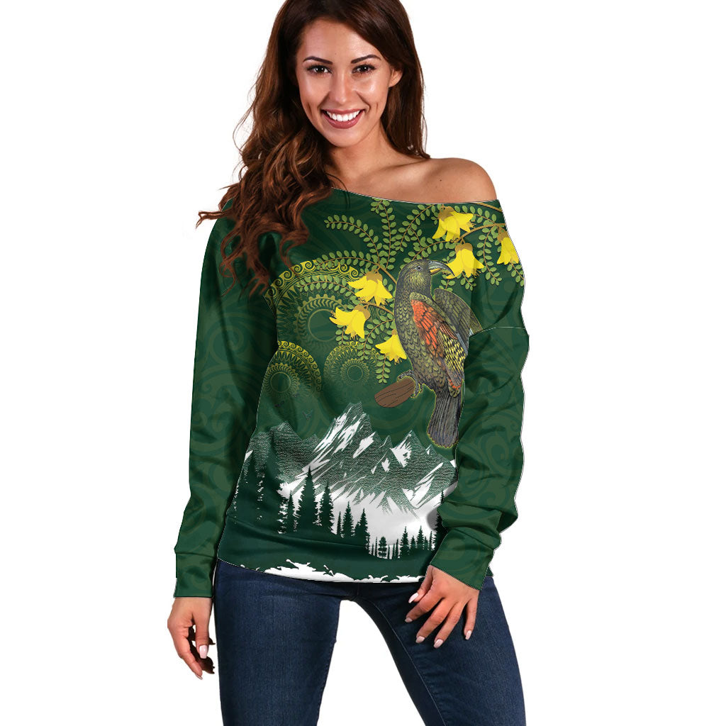 Kea Bird Kowhai New Zealand Off Shoulder Sweater Mountain Landscape Maori Art