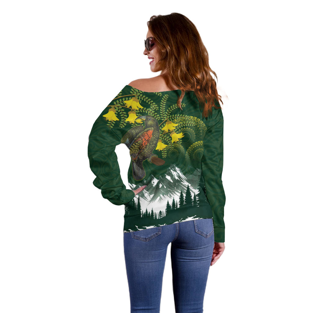 Kea Bird Kowhai New Zealand Off Shoulder Sweater Mountain Landscape Maori Art
