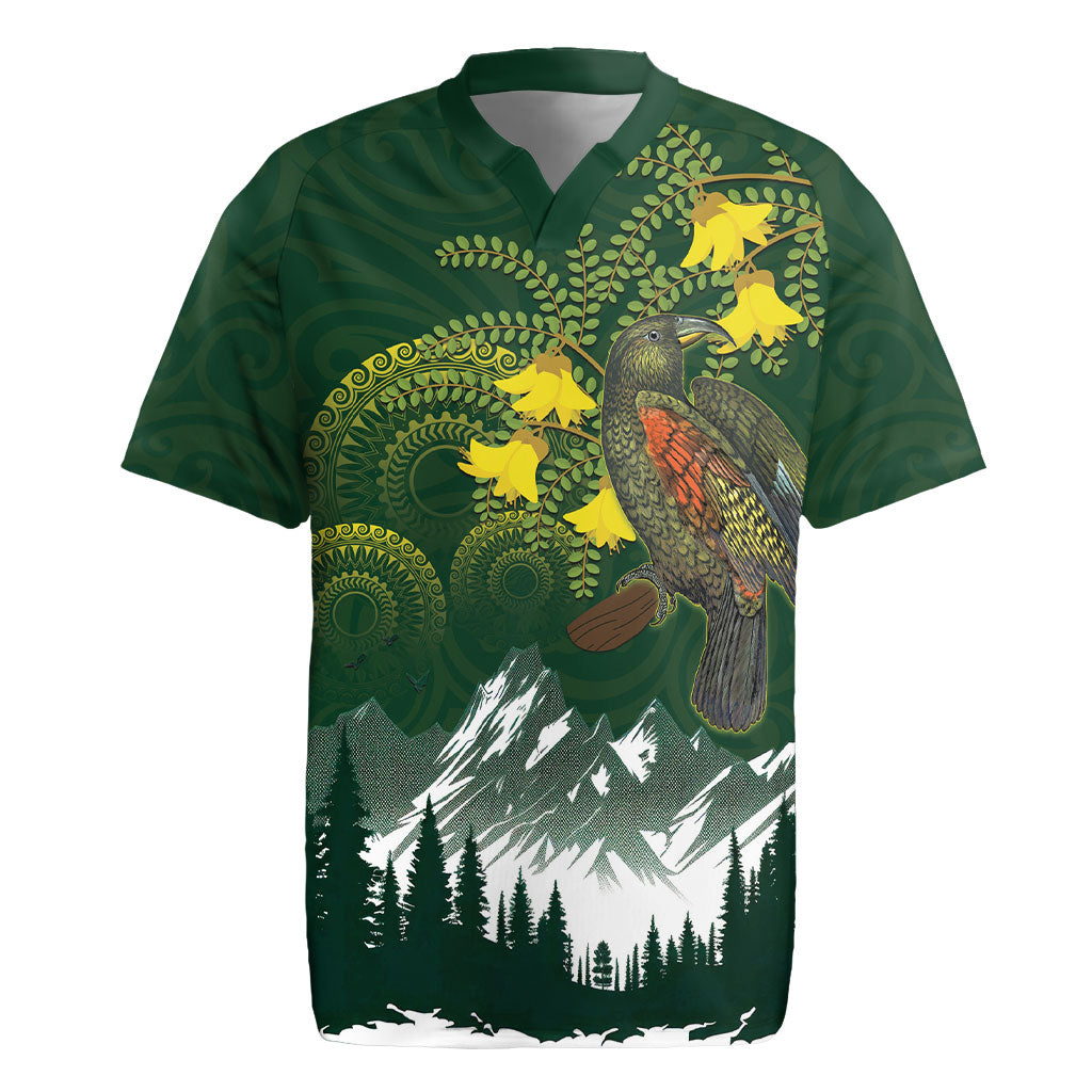 Kea Bird Kowhai New Zealand Rugby Jersey Mountain Landscape Maori Art LT22 Green - Polynesian Pride