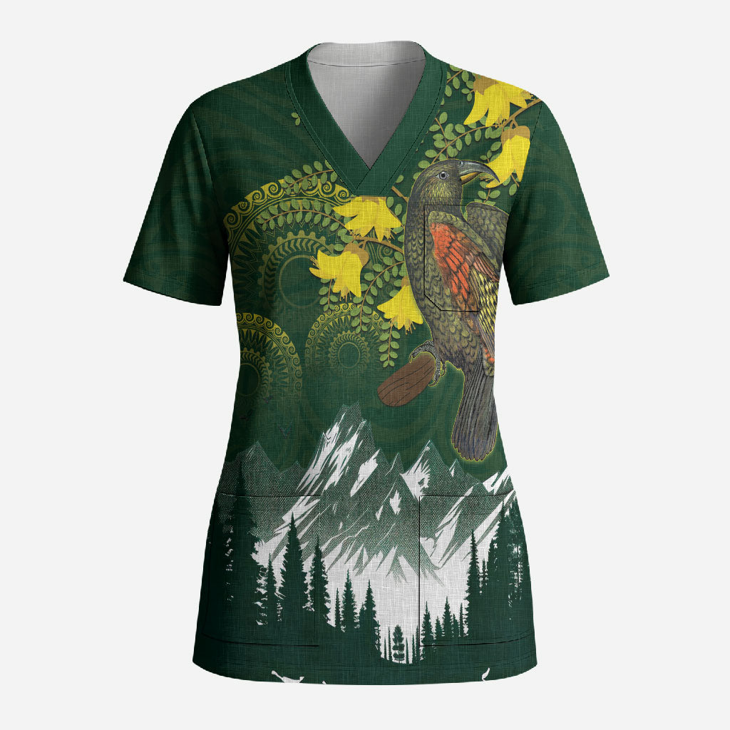 Kea Bird Kowhai New Zealand Scrub Top Mountain Landscape Maori Art LT22 Adult Green - Polynesian Pride