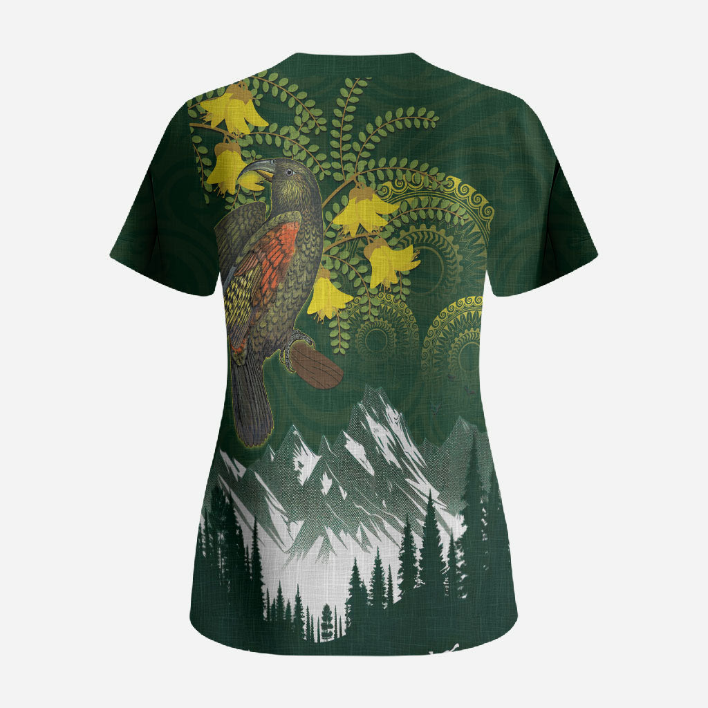 Kea Bird Kowhai New Zealand Scrub Top Mountain Landscape Maori Art LT22 - Polynesian Pride
