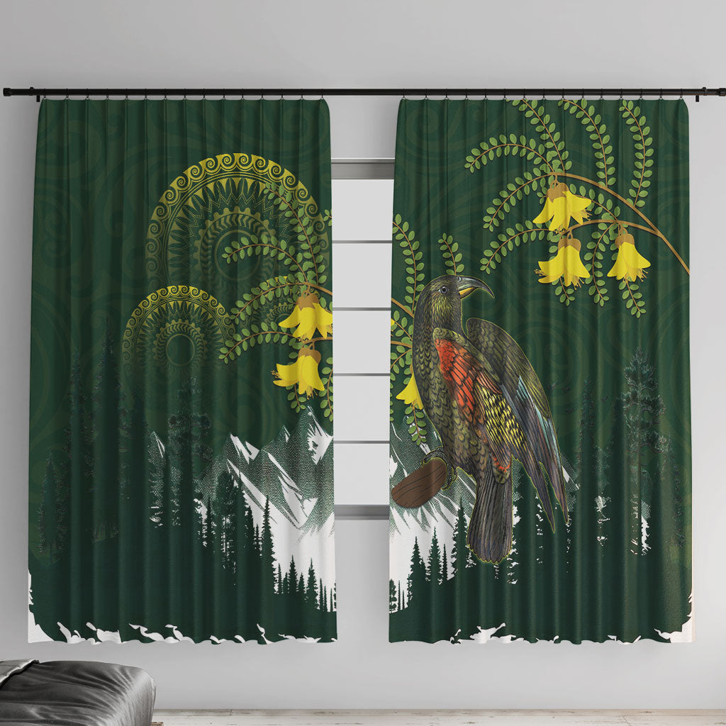 Kea Bird Kowhai New Zealand Window Curtain Mountain Landscape Maori Art LT22 With Hooks Green - Polynesian Pride