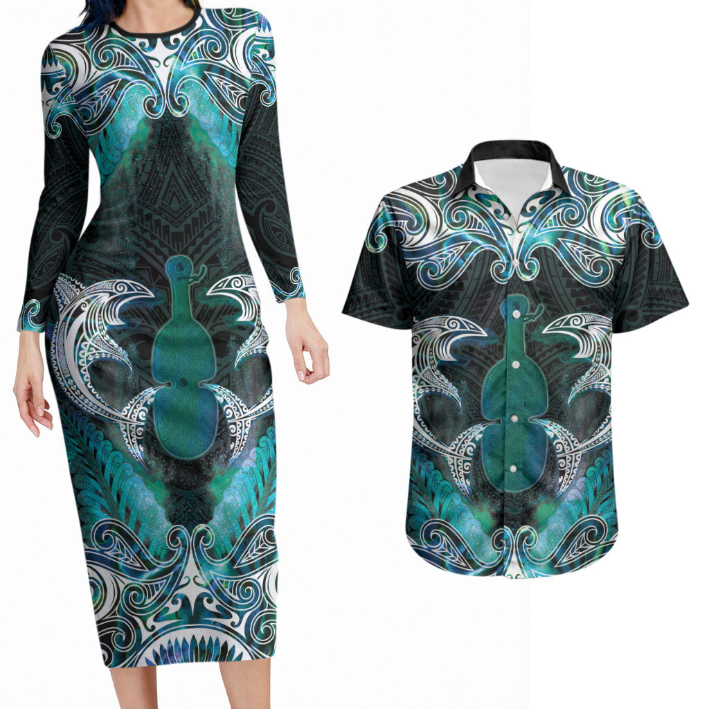New Zealand Kotiate Weapon Couples Matching Long Sleeve Bodycon Dress and Hawaiian Shirt Aotearoa Mango Paua Shell Maori Pattern LT22 Blue - Polynesian Pride