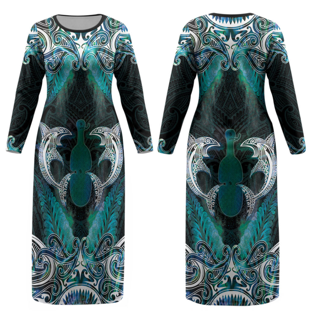 New Zealand Kotiate Weapon Couples Matching Long Sleeve Bodycon Dress and Hawaiian Shirt Aotearoa Mango Paua Shell Maori Pattern LT22 - Polynesian Pride