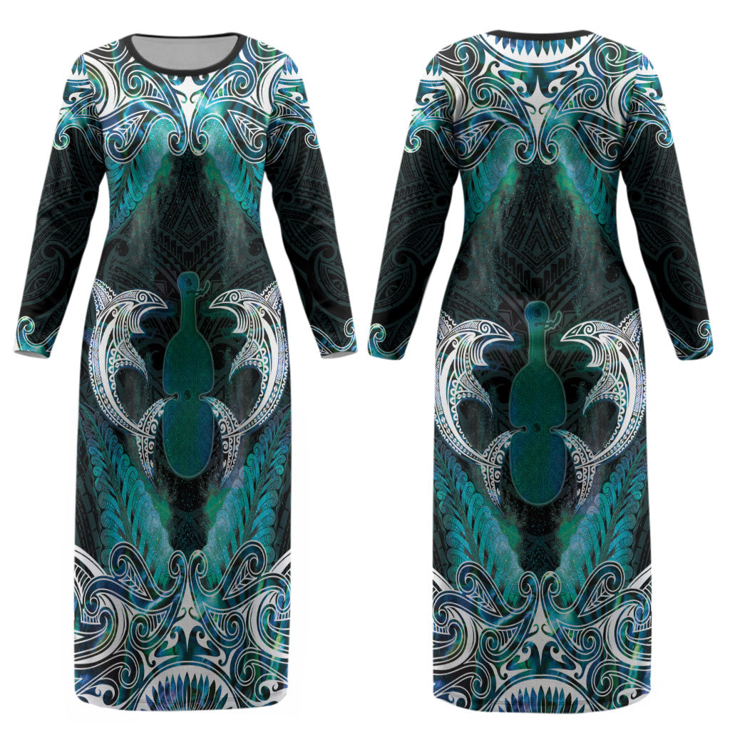 New Zealand Kotiate Weapon Couples Matching Long Sleeve Bodycon Dress and Long Sleeve Button Shirt Aotearoa Mango Paua Shell Maori Pattern LT22 - Polynesian Pride