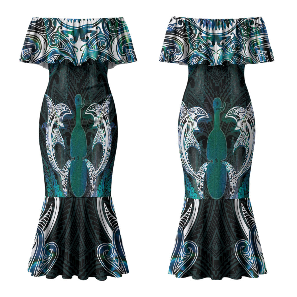 New Zealand Kotiate Weapon Couples Matching Mermaid Dress and Long Sleeve Button Shirt Aotearoa Mango Paua Shell Maori Pattern LT22 - Polynesian Pride
