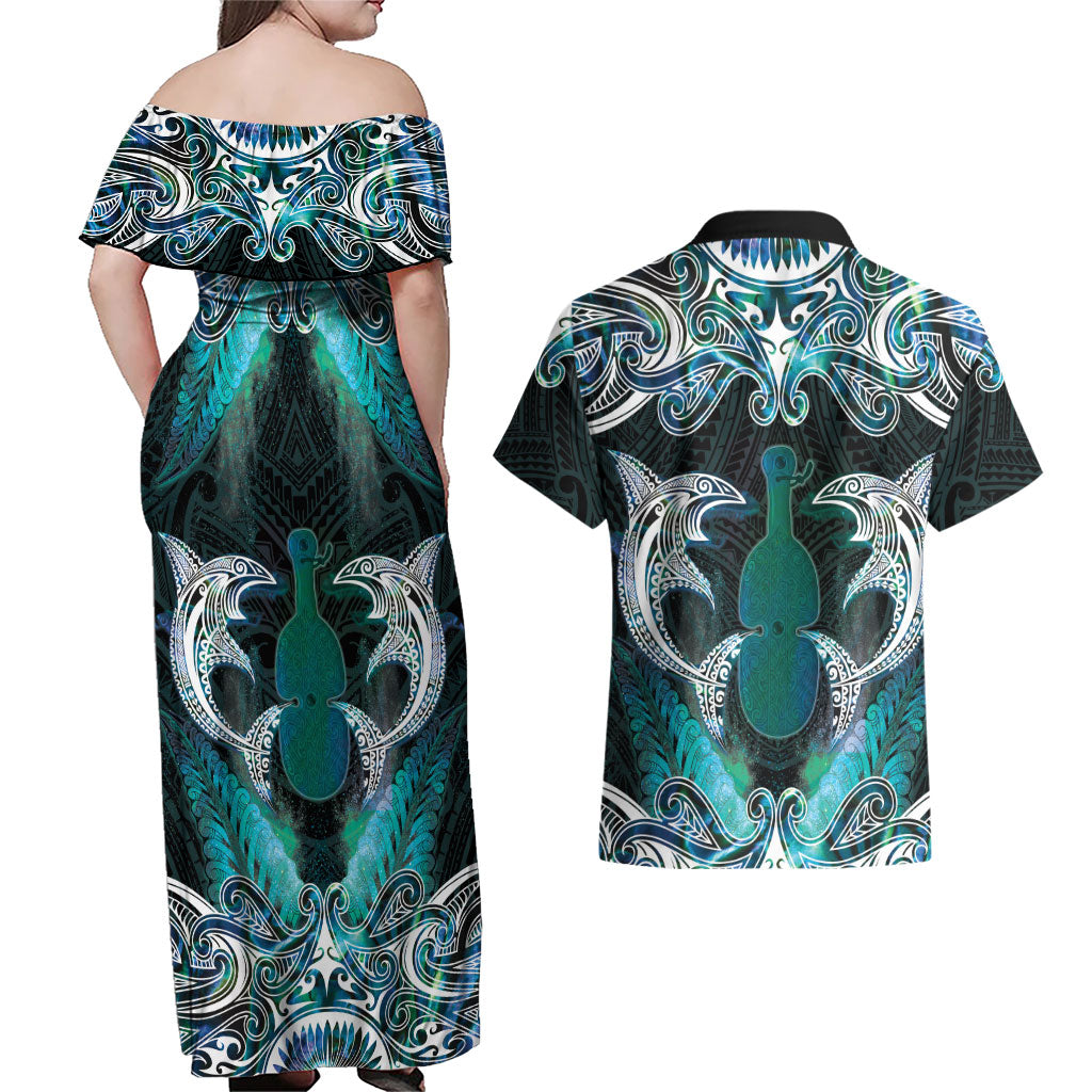 New Zealand Kotiate Weapon Couples Matching Off Shoulder Maxi Dress and Hawaiian Shirt Aotearoa Mango Paua Shell Maori Pattern