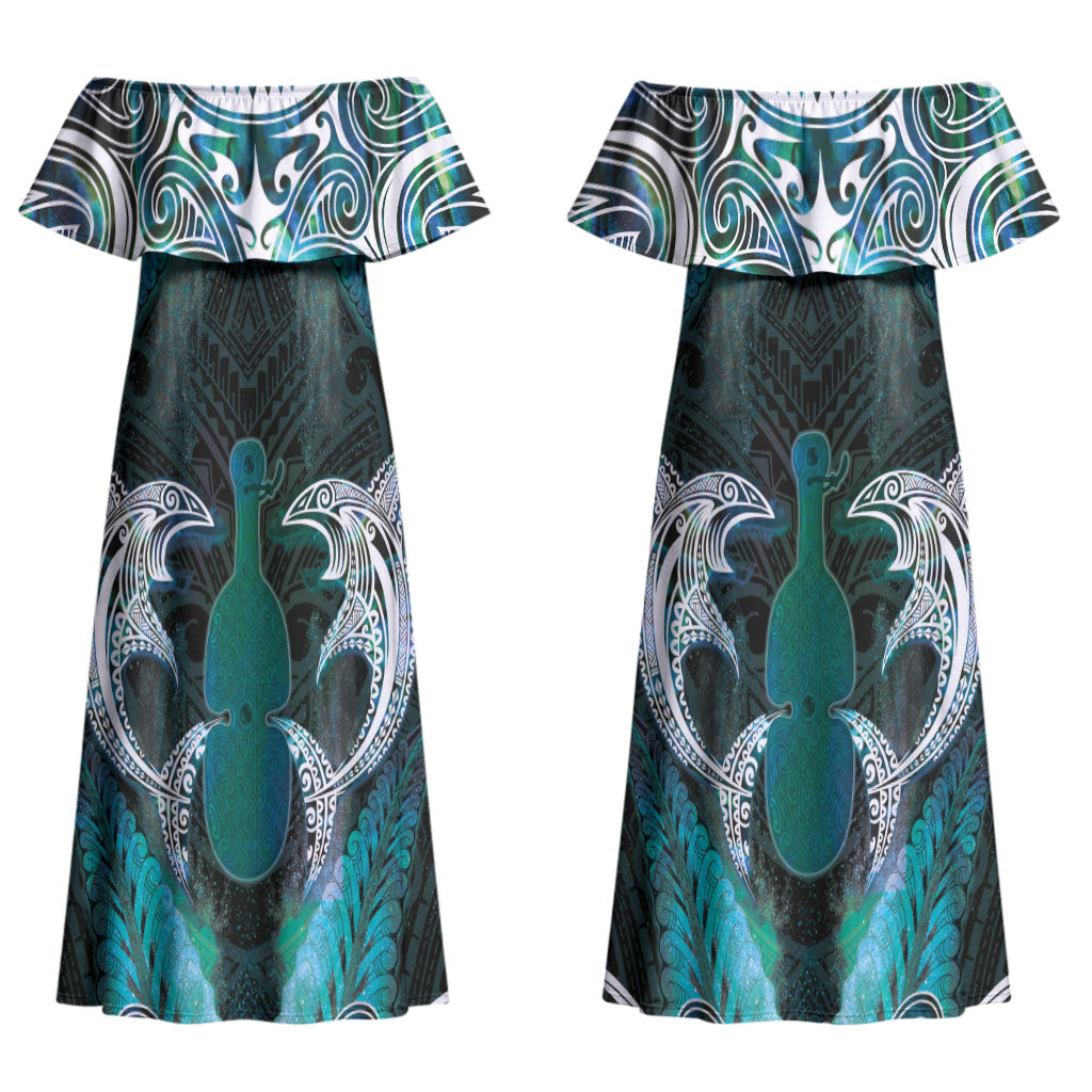 New Zealand Kotiate Weapon Couples Matching Off Shoulder Maxi Dress and Long Sleeve Button Shirt Aotearoa Mango Paua Shell Maori Pattern LT22 - Polynesian Pride