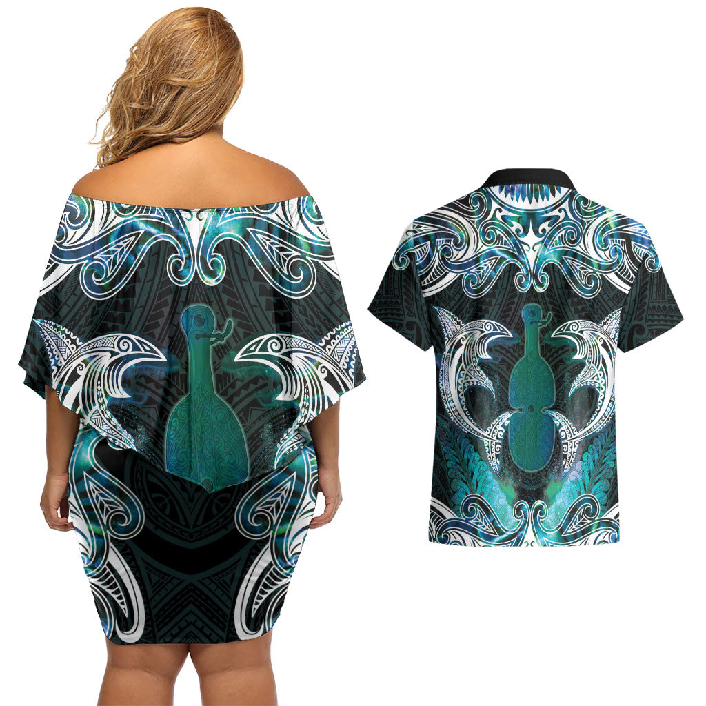 New Zealand Kotiate Weapon Couples Matching Off Shoulder Short Dress and Hawaiian Shirt Aotearoa Mango Paua Shell Maori Pattern