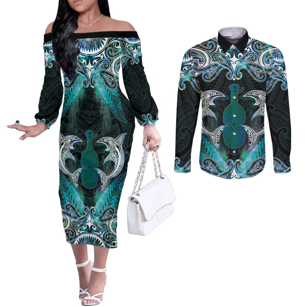 New Zealand Kotiate Weapon Couples Matching Off The Shoulder Long Sleeve Dress and Long Sleeve Button Shirt Aotearoa Mango Paua Shell Maori Pattern LT22 Blue - Polynesian Pride