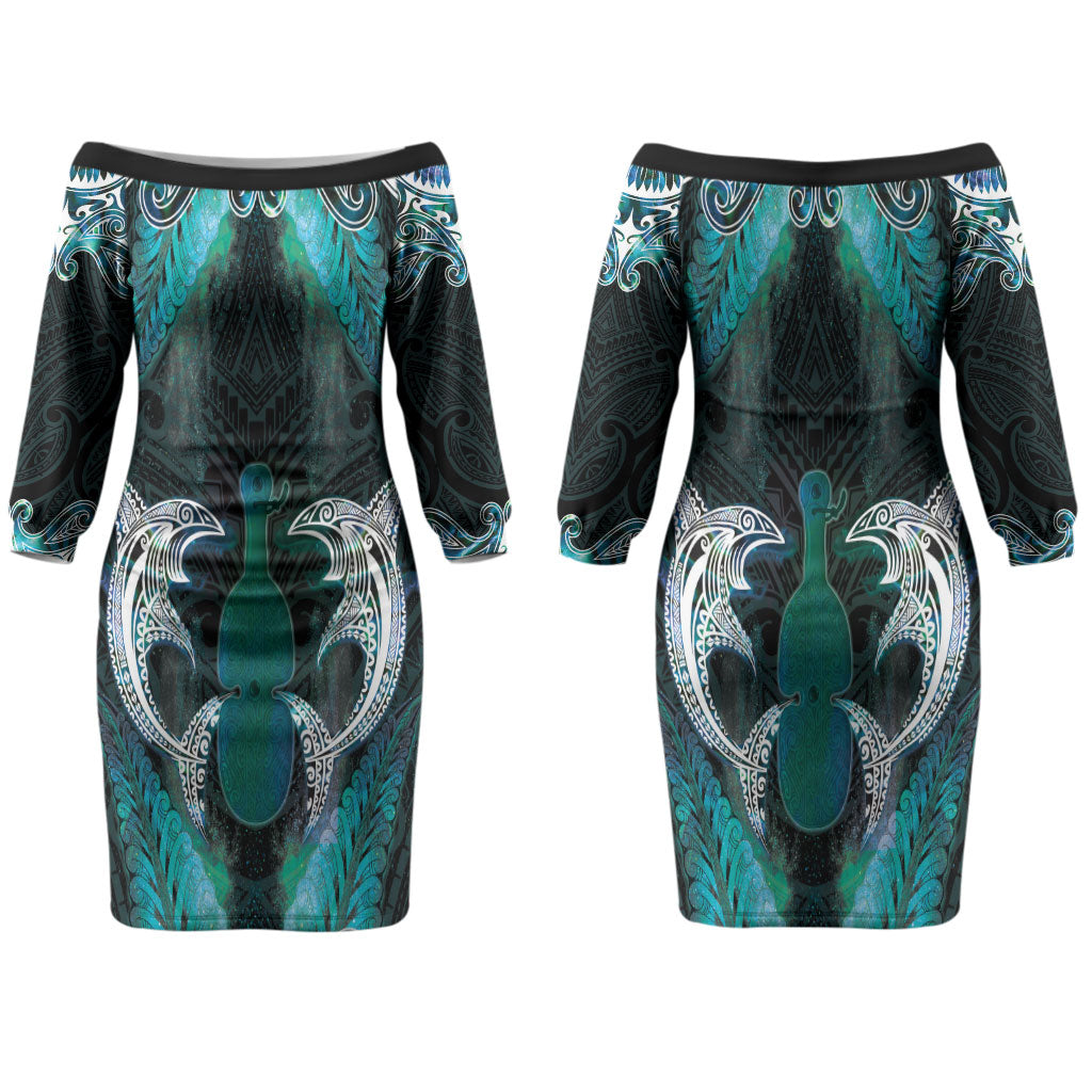 New Zealand Kotiate Weapon Couples Matching Off The Shoulder Long Sleeve Dress and Long Sleeve Button Shirt Aotearoa Mango Paua Shell Maori Pattern LT22 - Polynesian Pride