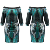 New Zealand Kotiate Weapon Couples Matching Off The Shoulder Long Sleeve Dress and Long Sleeve Button Shirt Aotearoa Mango Paua Shell Maori Pattern LT22 - Polynesian Pride