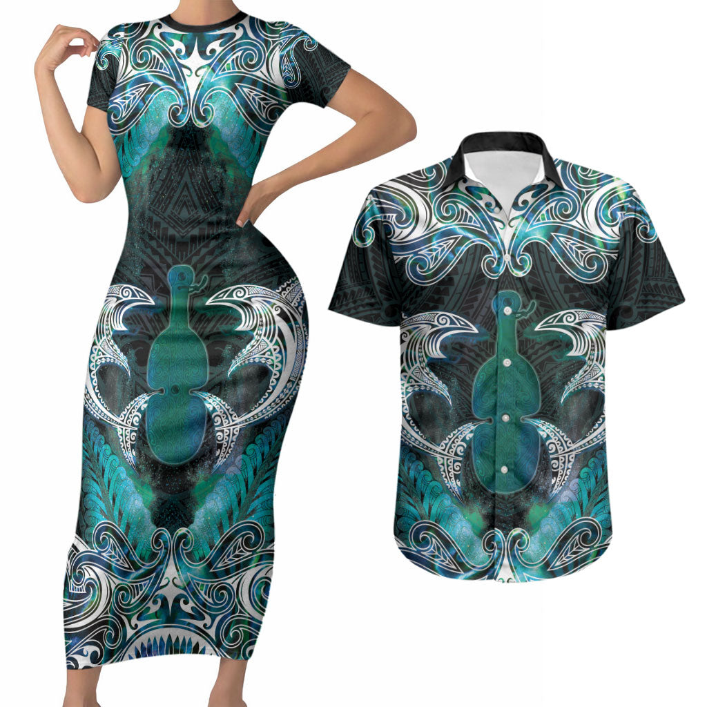 New Zealand Kotiate Weapon Couples Matching Short Sleeve Bodycon Dress and Hawaiian Shirt Aotearoa Mango Paua Shell Maori Pattern LT22 Blue - Polynesian Pride