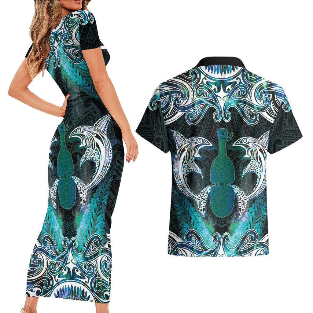 New Zealand Kotiate Weapon Couples Matching Short Sleeve Bodycon Dress and Hawaiian Shirt Aotearoa Mango Paua Shell Maori Pattern