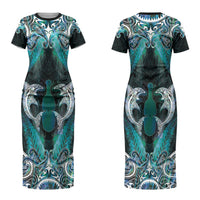 New Zealand Kotiate Weapon Couples Matching Short Sleeve Bodycon Dress and Long Sleeve Button Shirt Aotearoa Mango Paua Shell Maori Pattern LT22 - Polynesian Pride