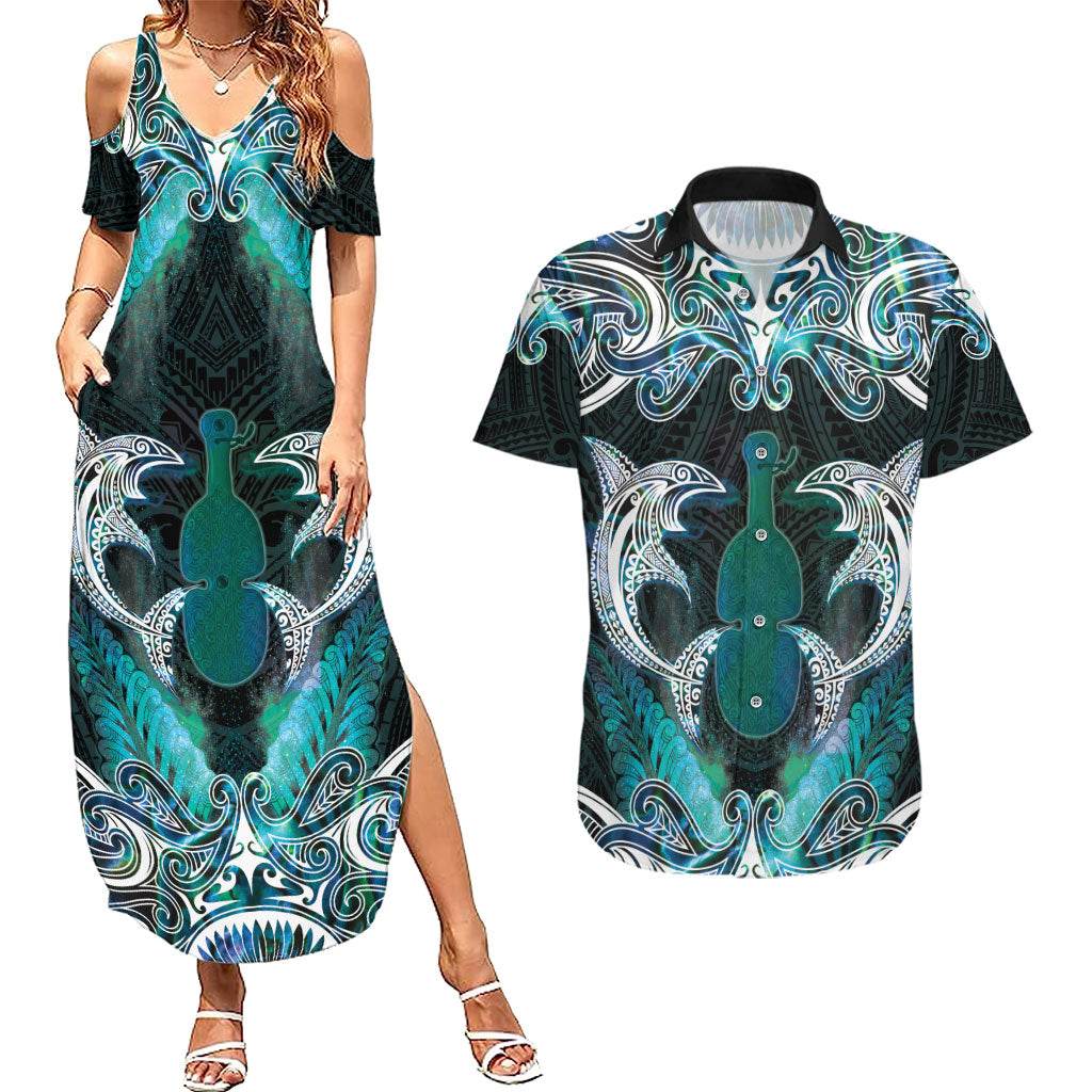 New Zealand Kotiate Weapon Couples Matching Summer Maxi Dress and Hawaiian Shirt Aotearoa Mango Paua Shell Maori Pattern