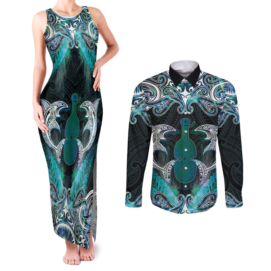 New Zealand Kotiate Weapon Couples Matching Tank Maxi Dress and Long Sleeve Button Shirt Aotearoa Mango Paua Shell Maori Pattern LT22 Blue - Polynesian Pride