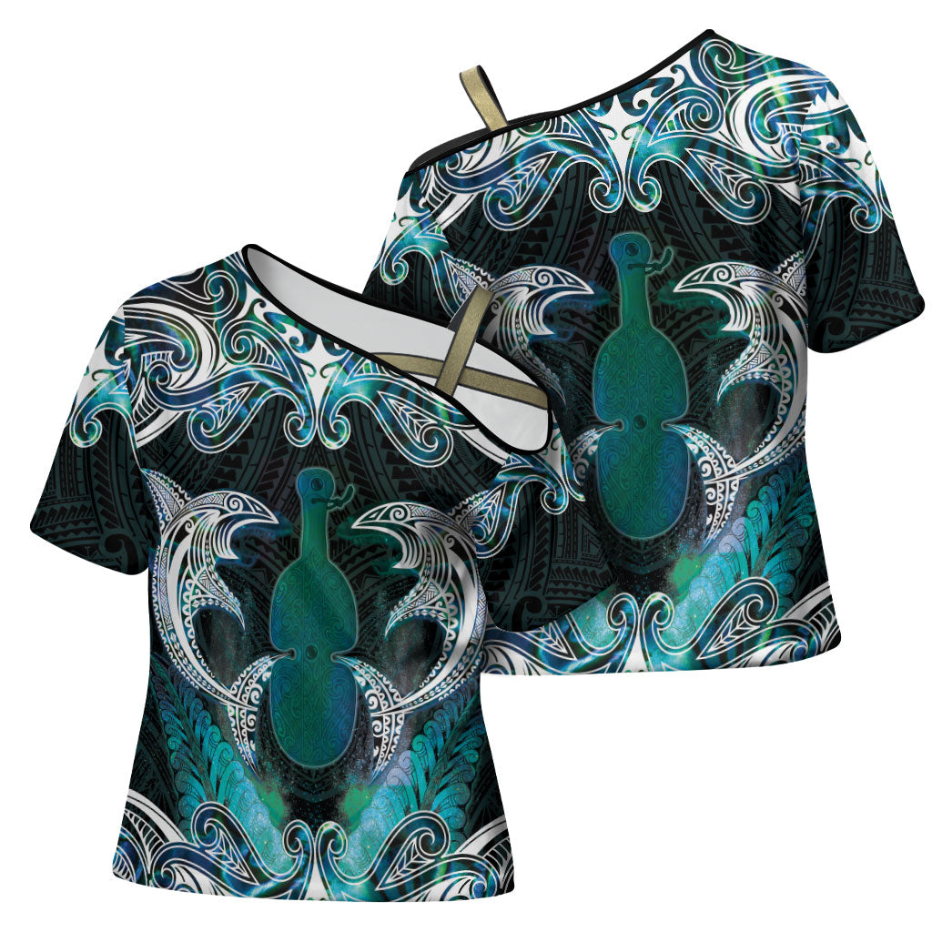 New Zealand Kotiate Weapon Cross Shoulder Shirt Aotearoa Mango Paua Shell Maori Pattern