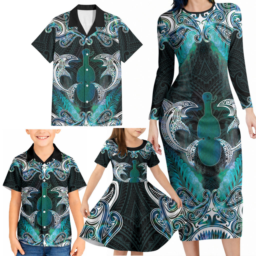 New Zealand Kotiate Weapon Family Matching Long Sleeve Bodycon Dress and Hawaiian Shirt Aotearoa Mango Paua Shell Maori Pattern LT22 - Polynesian Pride