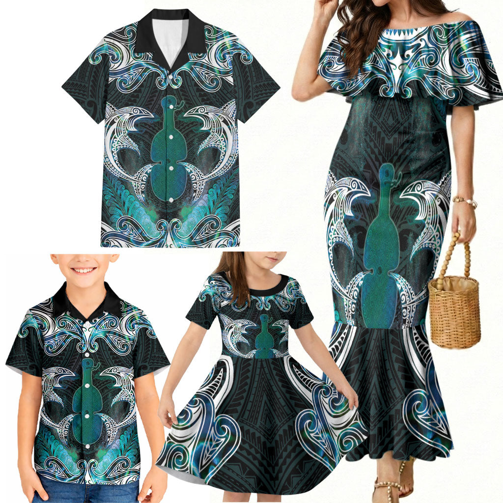 New Zealand Kotiate Weapon Family Matching Mermaid Dress and Hawaiian Shirt Aotearoa Mango Paua Shell Maori Pattern LT22 - Polynesian Pride