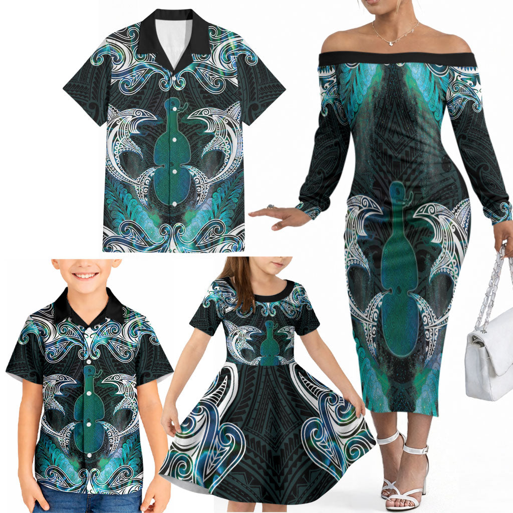 New Zealand Kotiate Weapon Family Matching Off The Shoulder Long Sleeve Dress and Hawaiian Shirt Aotearoa Mango Paua Shell Maori Pattern LT22 - Polynesian Pride
