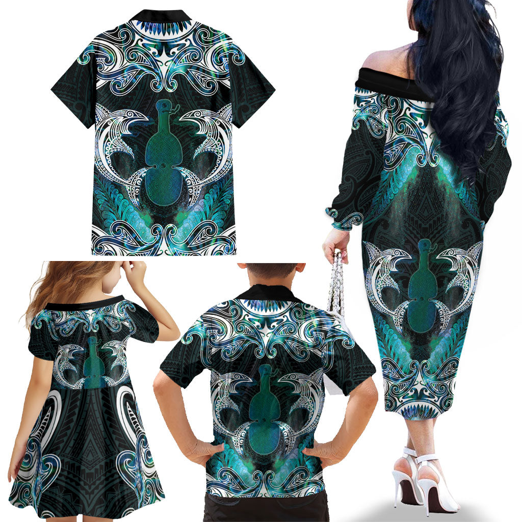 New Zealand Kotiate Weapon Family Matching Off The Shoulder Long Sleeve Dress and Hawaiian Shirt Aotearoa Mango Paua Shell Maori Pattern