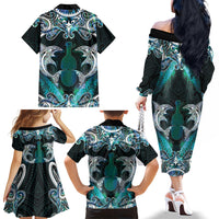 New Zealand Kotiate Weapon Family Matching Off The Shoulder Long Sleeve Dress and Hawaiian Shirt Aotearoa Mango Paua Shell Maori Pattern