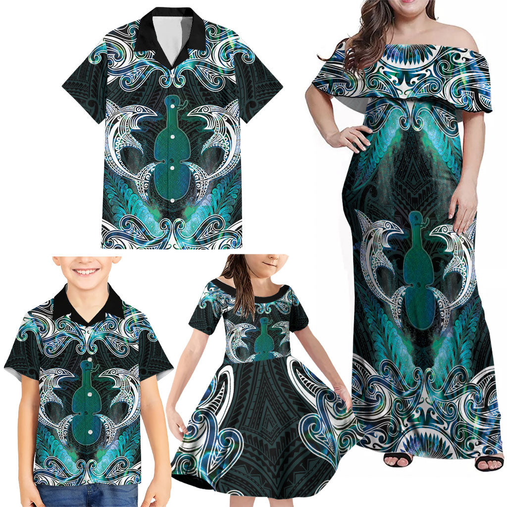 New Zealand Kotiate Weapon Family Matching Off Shoulder Maxi Dress and Hawaiian Shirt Aotearoa Mango Paua Shell Maori Pattern