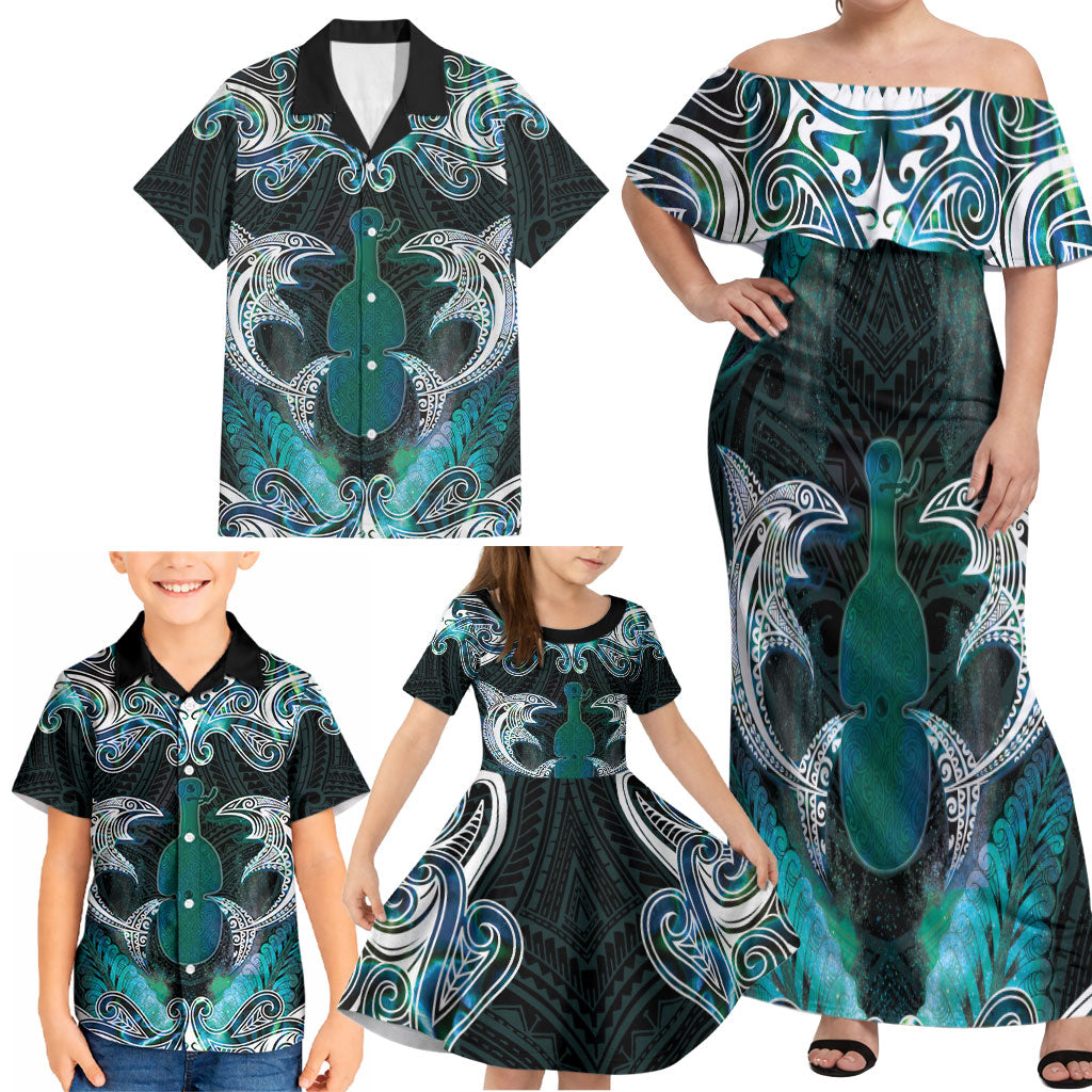 New Zealand Kotiate Weapon Family Matching Off Shoulder Maxi Dress and Hawaiian Shirt Aotearoa Mango Paua Shell Maori Pattern LT22 - Polynesian Pride