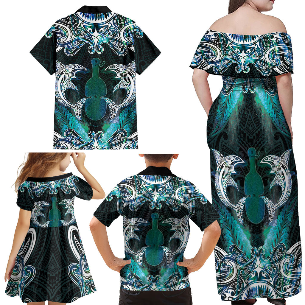 New Zealand Kotiate Weapon Family Matching Off Shoulder Maxi Dress and Hawaiian Shirt Aotearoa Mango Paua Shell Maori Pattern