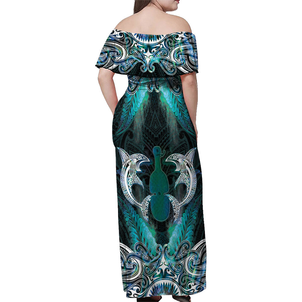 New Zealand Kotiate Weapon Family Matching Off Shoulder Maxi Dress and Hawaiian Shirt Aotearoa Mango Paua Shell Maori Pattern